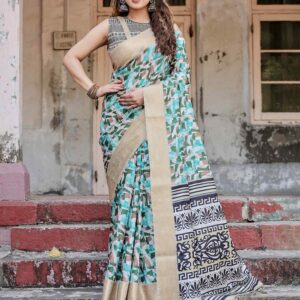 Turquoise Tussar Silk Printed Saree