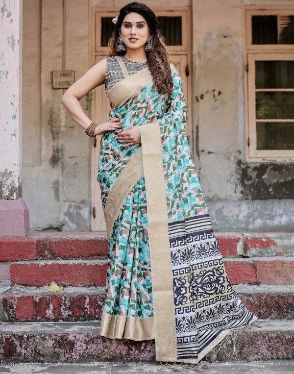 Turquoise Tussar Silk Printed Saree