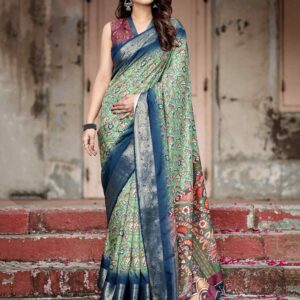 Teal Green Tussar Silk Printed Kalamkari Saree