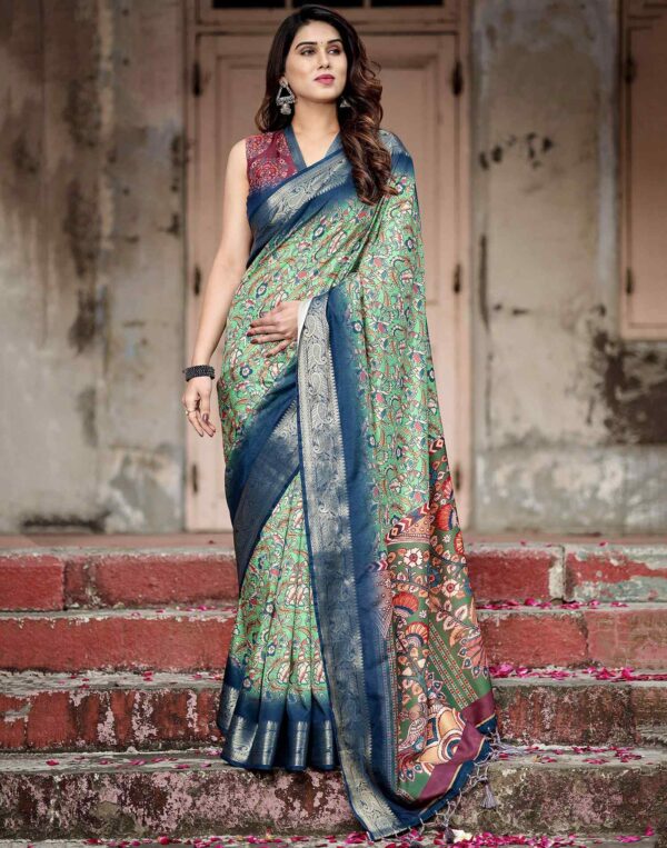 Teal Green Tussar Silk Printed Kalamkari Saree