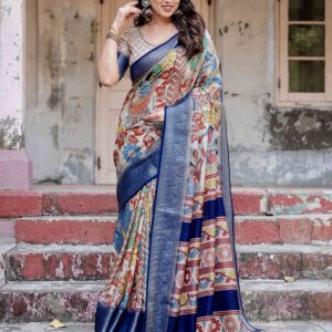 Off White Tussar Silk Printed Kalamkari Saree