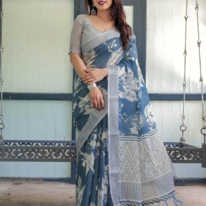 Dark Dusty Blue Linen Printed Saree