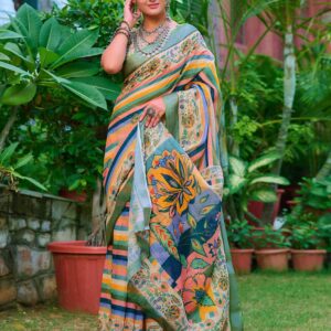 Cream Cotton Linen Printed Saree