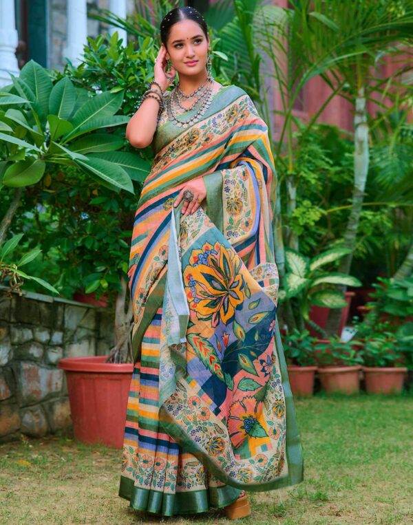 Cream Cotton Linen Printed Saree