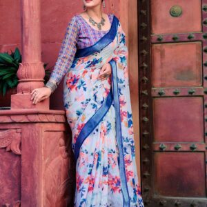 White Cotton Linen Printed Saree