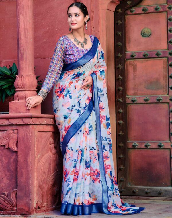 White Cotton Linen Printed Saree