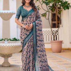 Mauve Cotton Linen Printed Saree