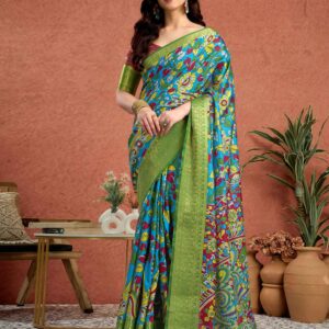 Blue Tussar Silk Printed Kalamkari Saree