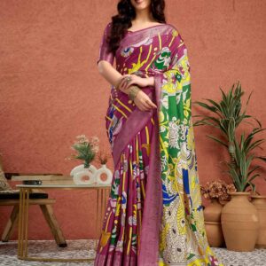 Multicoloured Tussar Silk Printed Kalamkari Saree