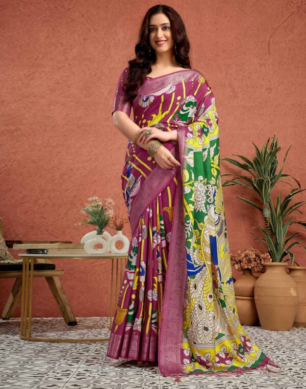 Multicoloured Tussar Silk Printed Kalamkari Saree