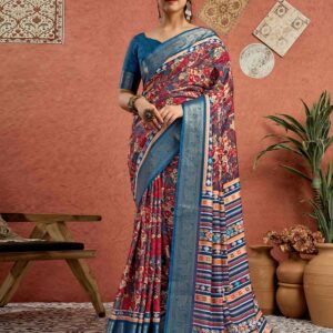 Multicoloured Tussar Silk Printed Saree