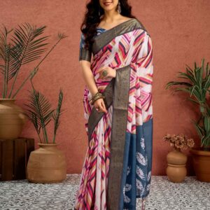 White Tussar Silk Printed Saree