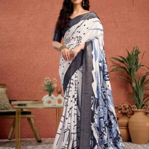 White Tussar Silk Printed Saree