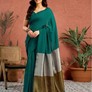Teal Green Linen Zari Pallu Solid Saree