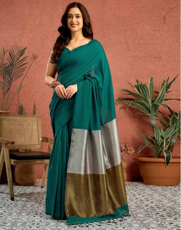 Teal Green Linen Zari Pallu Solid Saree