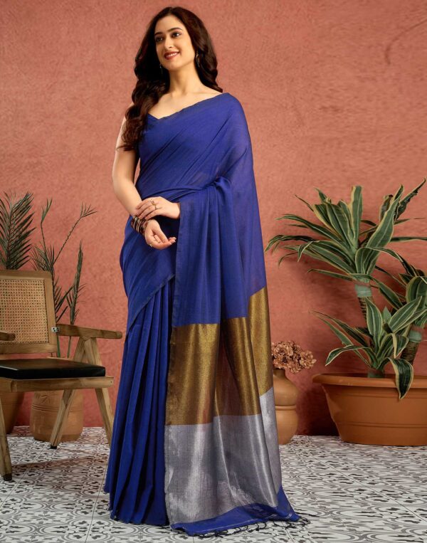 Dark Blue Linen Zari Pallu Solid Saree