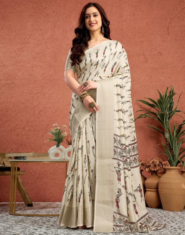 Off White Silk Warli Printed Printed Saree
