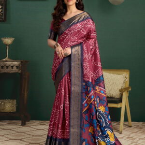Crimson Red Tussar Silk Printed Kalamkari Saree