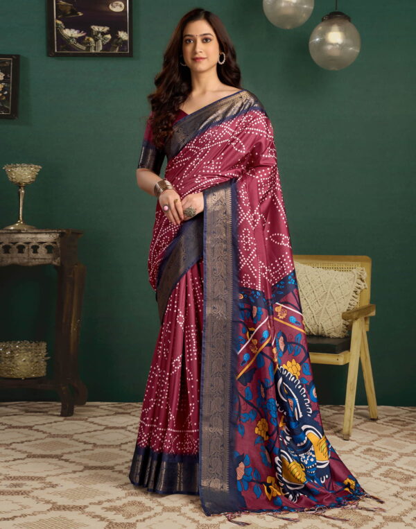 Crimson Red Tussar Silk Printed Kalamkari Saree