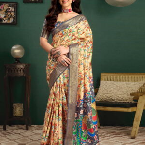 Dark Cream Tussar Silk Printed Kalamkari Saree