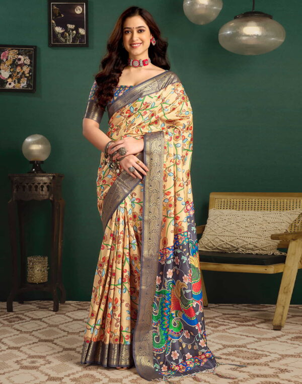Dark Cream Tussar Silk Printed Kalamkari Saree