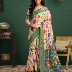 Light Khaki Tussar Silk Printed Kalamkari Saree