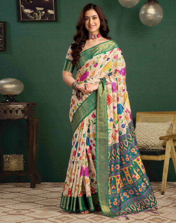 Light Khaki Tussar Silk Printed Kalamkari Saree