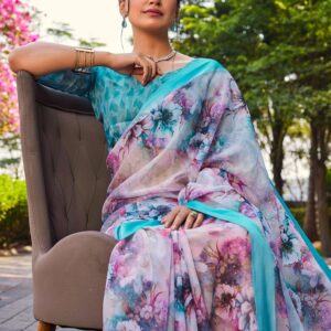 Off White Georgette Floral Printed Saree