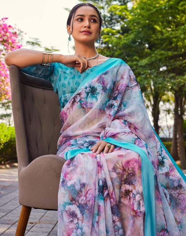 Off White Georgette Floral Printed Saree