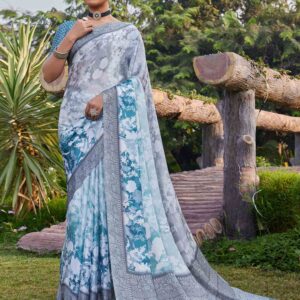 Blue Satin Printed Saree