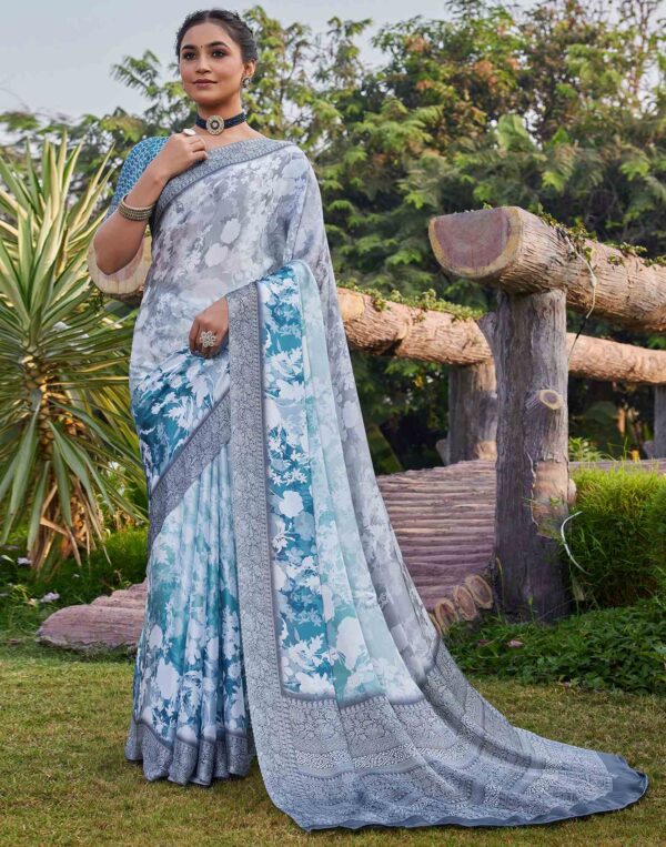 Blue Satin Printed Saree