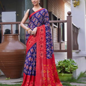 Dark Blue Cotton Ikkat Printed Saree