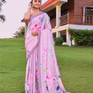 Pink Satin Floral Printed Saree