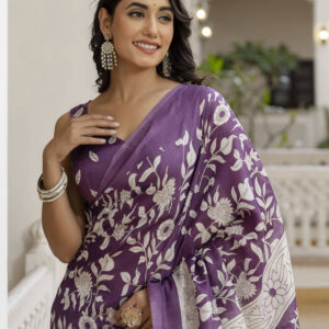 Mauve Cotton Blend Floral printed Saree