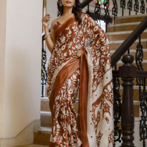 Rust Brown Cotton Blend Floral printed Saree