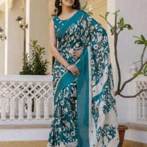 Teal Blue Cotton Blend Floral printed Saree