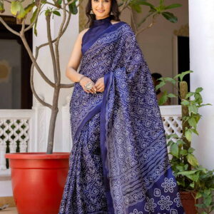 Navy Blue Cotton Blend Bandhani Printed Saree
