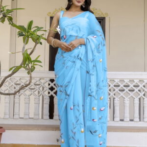 Sky Blue Georgette Foil Printed Saree