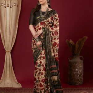 Black Pure Cotton Floral Printed Saree