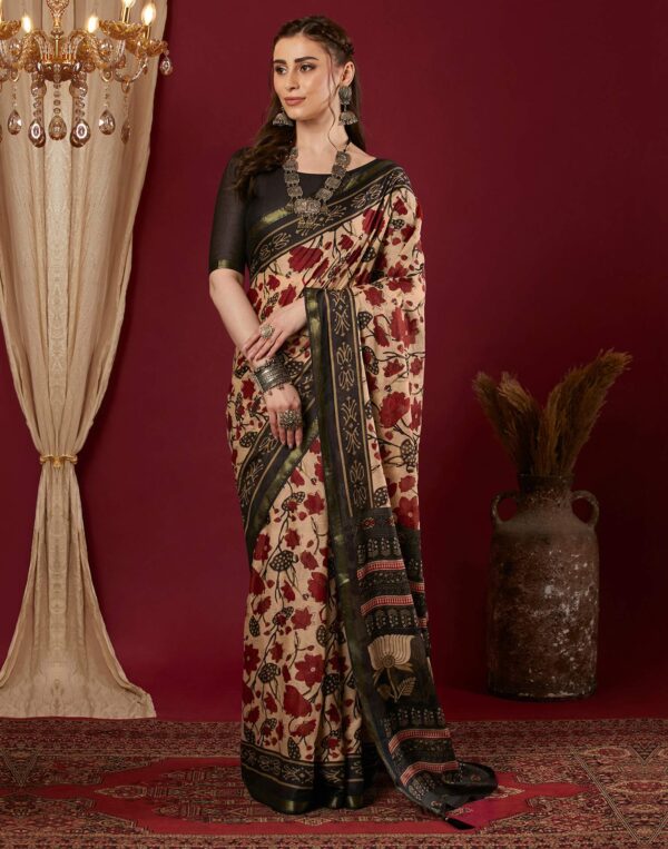Black Pure Cotton Floral Printed Saree