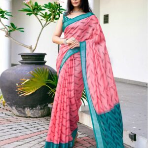Pink Linen Ikkat Printed Saree
