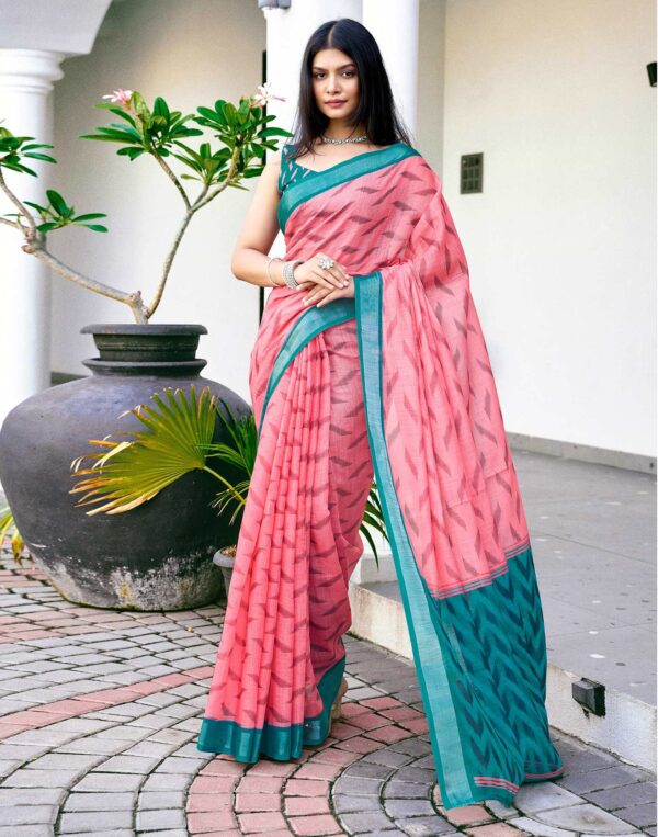 Pink Linen Ikkat Printed Saree