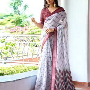 White Linen Ikkat Printed Saree