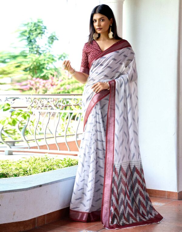 White Linen Ikkat Printed Saree