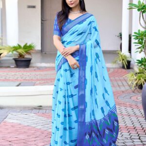 Sky Blue Linen Ikkat Printed Saree