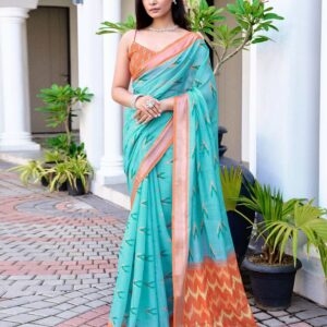 Blue Linen Ikkat Printed Saree