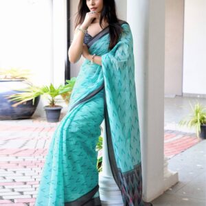 Turquoise Linen Ikkat Printed Saree
