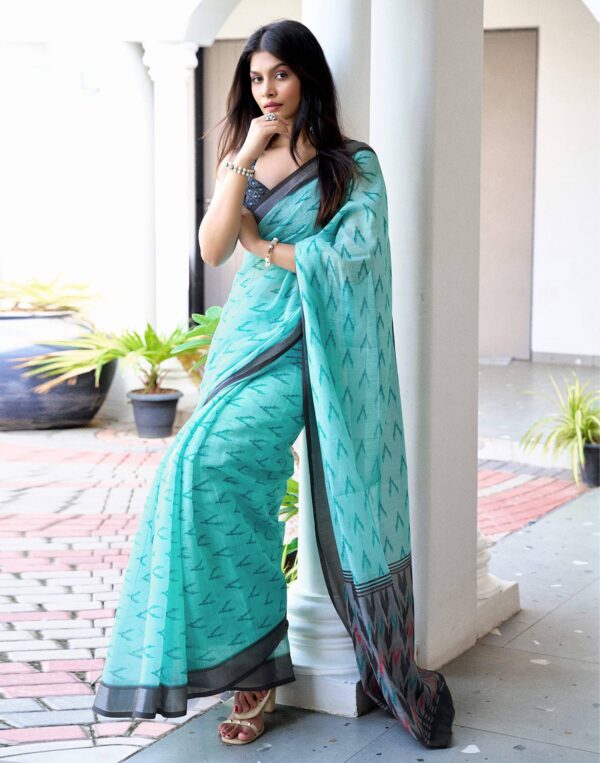 Turquoise Linen Ikkat Printed Saree