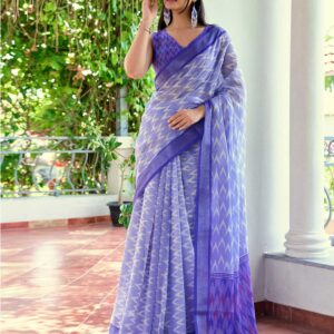 Blue Linen Ikkat Printed Saree