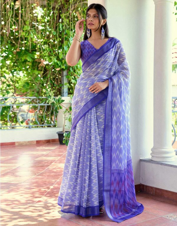 Blue Linen Ikkat Printed Saree